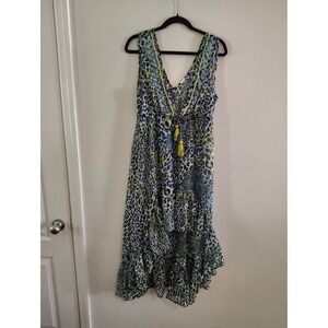 Violet Sky Blue Lime Leopard Print High Low Maxi Dress Tassels Womens Large